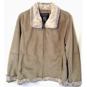 Faux Suede Y2K Jacket Wn L Beige Faux Fur Trim Lined Aviator Coat Boho Outdoors